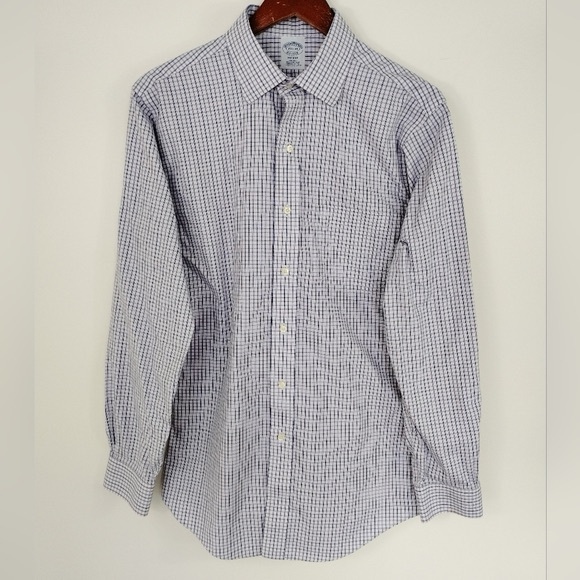 Brooks Brothers 1818 Regent Stretch White Purple Check Mens 15.5 34 Button Up - Picture 1 of 6